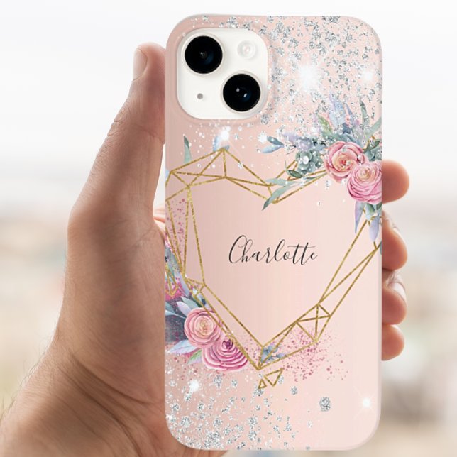 Rose gold silver glitter floral monogram name  Case-Mate iPhone case (Creator Uploaded)