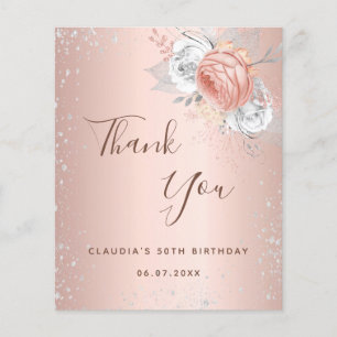 Rose gold silver glitter floral thank you card