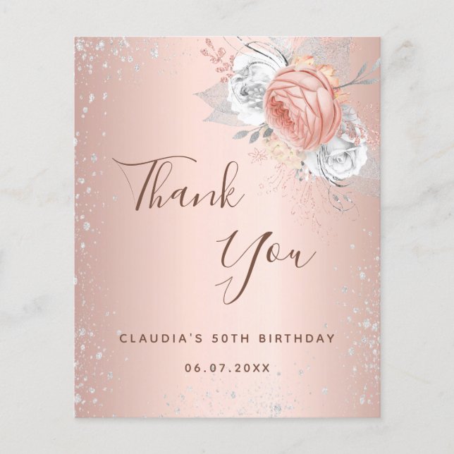 Rose gold silver glitter floral thank you note flyer (Front)
