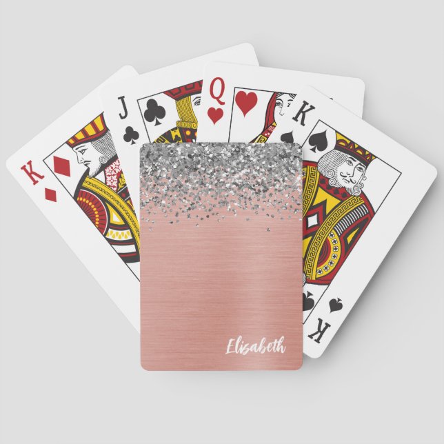 Rose Gold Silver Glitter Girly Monogram Name Playing Cards (Back)