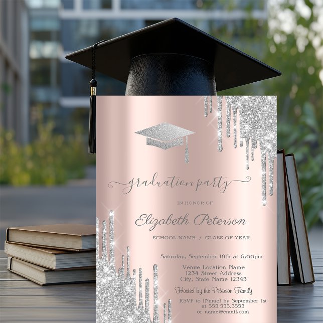 Rose Gold,Silver Glitter Grad Cap Drips  Invitation (Creator Uploaded)