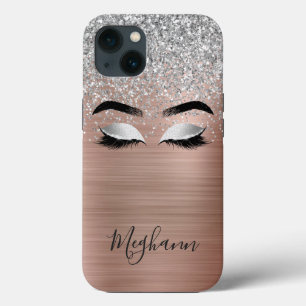 Rose Gold Silver Glitter Metallic Eyelash Monogram iPhone 13 Case
