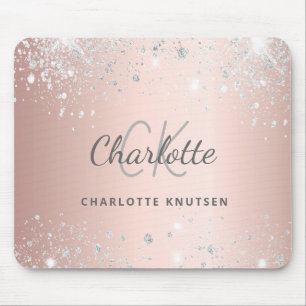 Rose gold silver glitter monogram initails name mouse pad