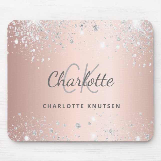 Rose gold silver glitter monogram initails name  mouse pad (Front)