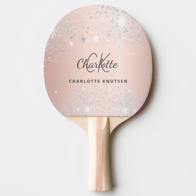 Rose gold silver glitter monogram name ping pong paddle (Front)