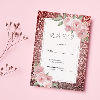 Rose gold silver glitter pink floral RSVP  Invitation