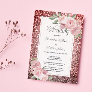 Rose gold silver glitter pink floral Wedding  Invitation