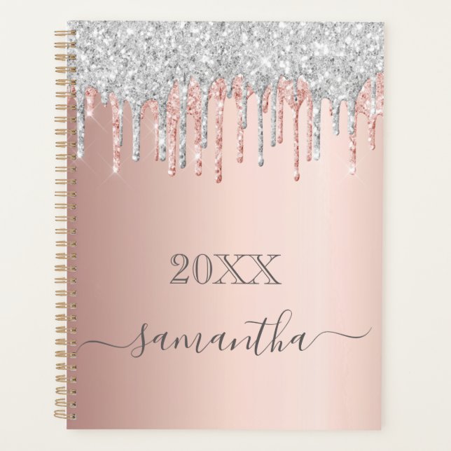 Rose gold silver glitter pink monigram planner (Front)