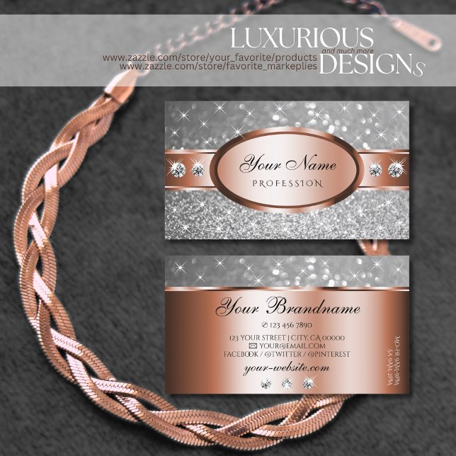 Rose Gold Silver Glitter Stars Diamonds Fancy Chic Business Card (Creator Uploaded)