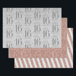 Rose Gold Silver Glitter Sweet 16 Custom Pink Wrapping Paper Sheet<br><div class="desc">A set of sweet 16 birthday party wrapping paper sheets with trendy and modern rose gold pink and silver glitter and one sheet personalised with the name of the birthday girl turning sixteen. Type the name once and it will fill in the repeating pattern of large gold 16 and "Happy...</div>