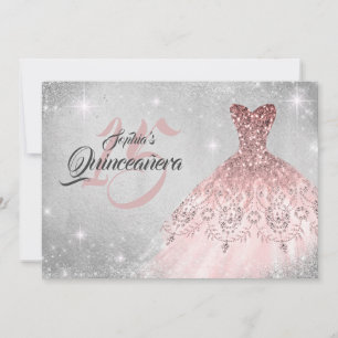 Rose Gold Silver Lace Diamond Gown Quinceanera Invitation