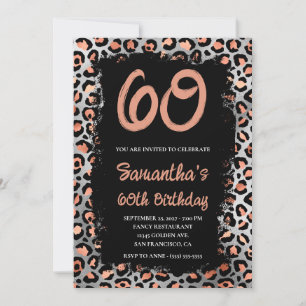 Rose Gold Silver Leopard Black Paint 60th Birthday Invitation