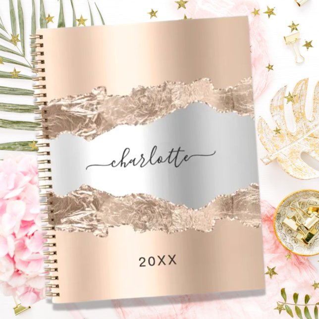 Rose gold silver metal agate marble name script notebook (Creator Uploaded)