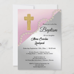 Rose Gold Silver Metallic & Pearls Baptism Invitation