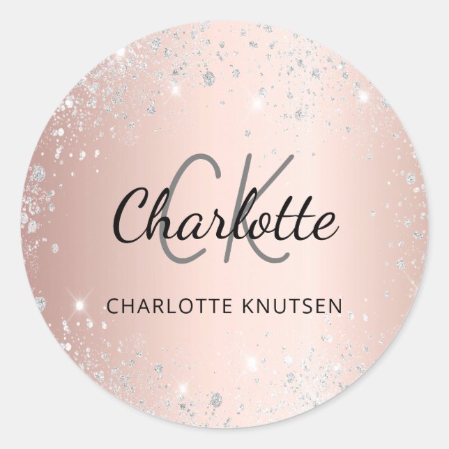 Rose gold silver monogram name classic round sticker (Front)