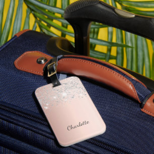 Rose gold silver monogram name script luggage tag