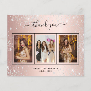 Rose gold silver photo birthday thank you card