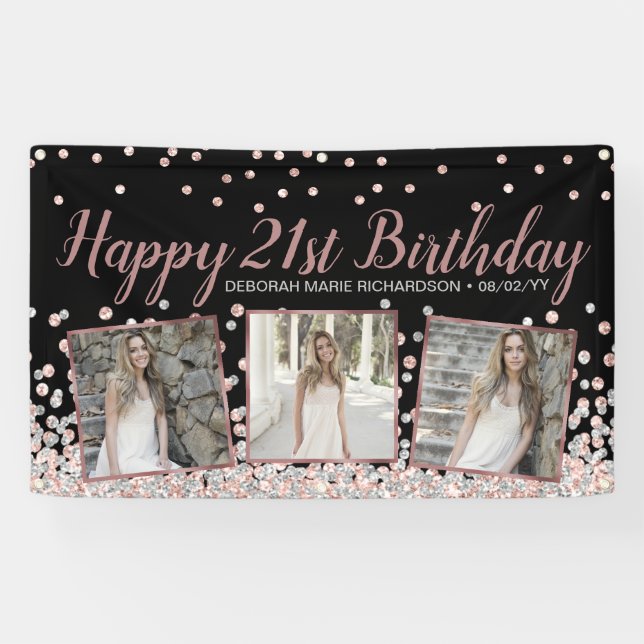 Rose Gold Silver Photo Collage 21st Birthday Banner (Horizontal)