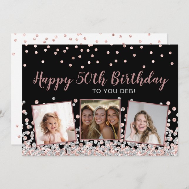Rose Gold Silver Photo Collage 50th Birthday Card (Front/Back)