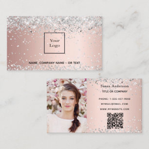 Rose gold silver photo QR code glitter female Business Card