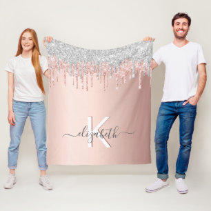 Rose gold silver pink drips monogram name fleece blanket