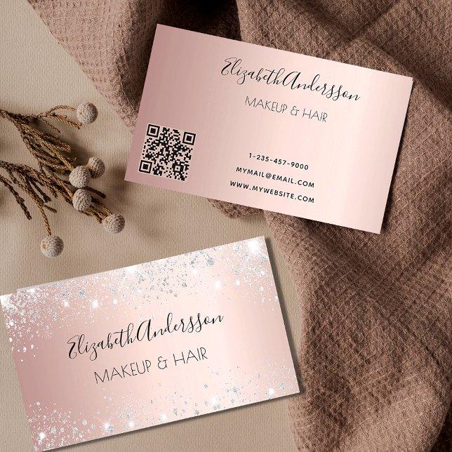 Rose gold silver QR code glitter Business Card (Creator Uploaded)