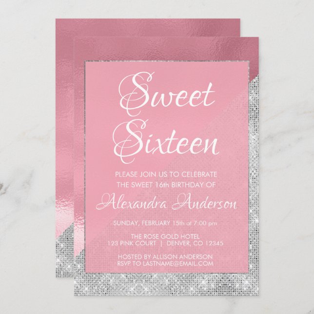 Rose Gold & Silver Sparkle Sweet 16 Birthday Invitation (Front/Back)