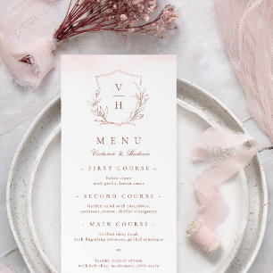 Rose gold simple botanical crest monogram wedding menu