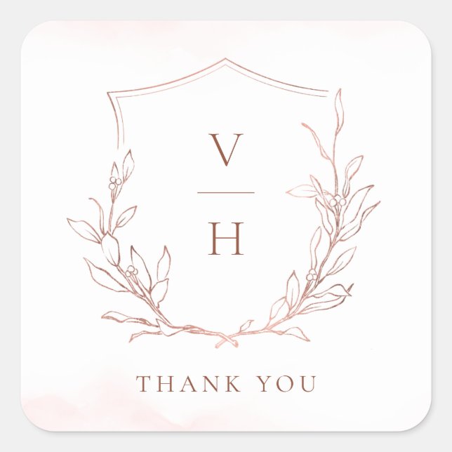 Rose gold simple botanical crest monogram wedding square sticker (Front)