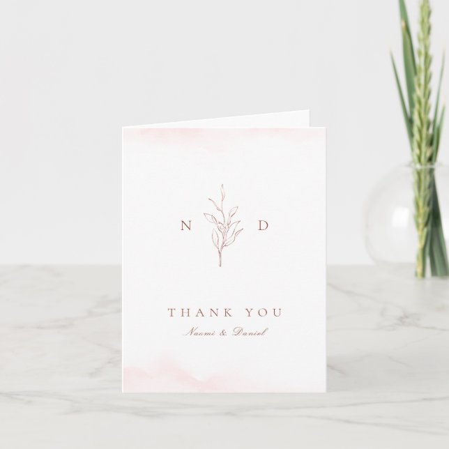 Rose gold simple botanical leaves monogram wedding thank you card (Front)