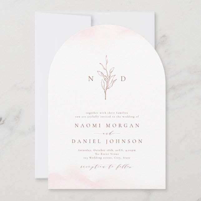 Rose gold simple botanical monogram rustic wedding invitation (Front)