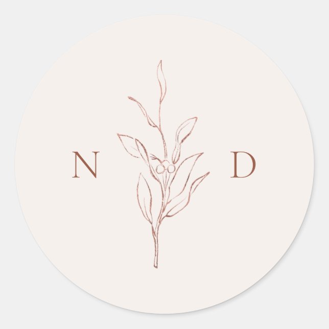 Rose gold simple elegant botanical leaves wedding classic round sticker (Front)