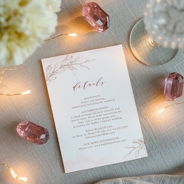 Rose gold simple elegant botanical wedding details enclosure card (Rose gold simple elegant botanical wedding details enclosure card)