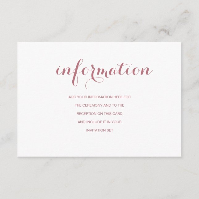 Rose Gold Simple Modern Wedding Information Enclosure Card (Front)