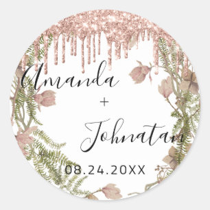 Rose Gold Simply Name Date Floral Drips White Classic Round Sticker
