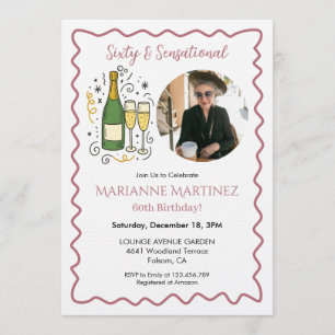 Rose Gold Sixty & Sensational Photo 60th Birthday Invitation