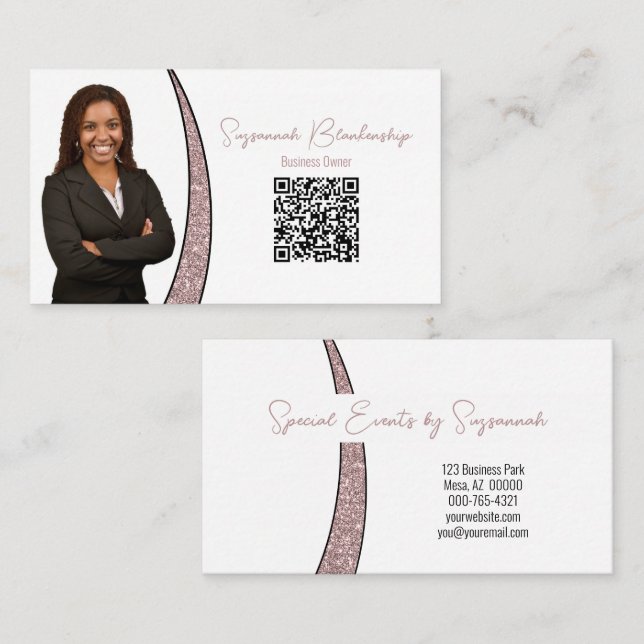 Rose Gold Sliver Faux Glitter Photo QR Chic Business Card (Front/Back)
