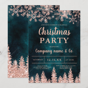 Rose gold snow pine green corporate Christmas Invitation