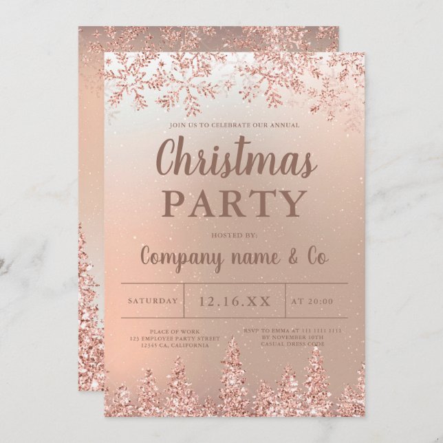 Rose gold snow pine metallic corporate Christmas Invitation (Front/Back)