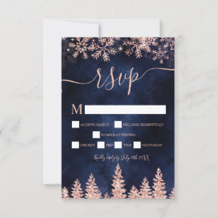 Rose gold snow pine navy Christmas winter rsvp Card