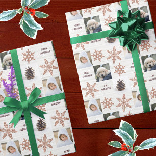 Rose Gold Snowflake 3 Photo Collage Christmas Wrapping Paper
