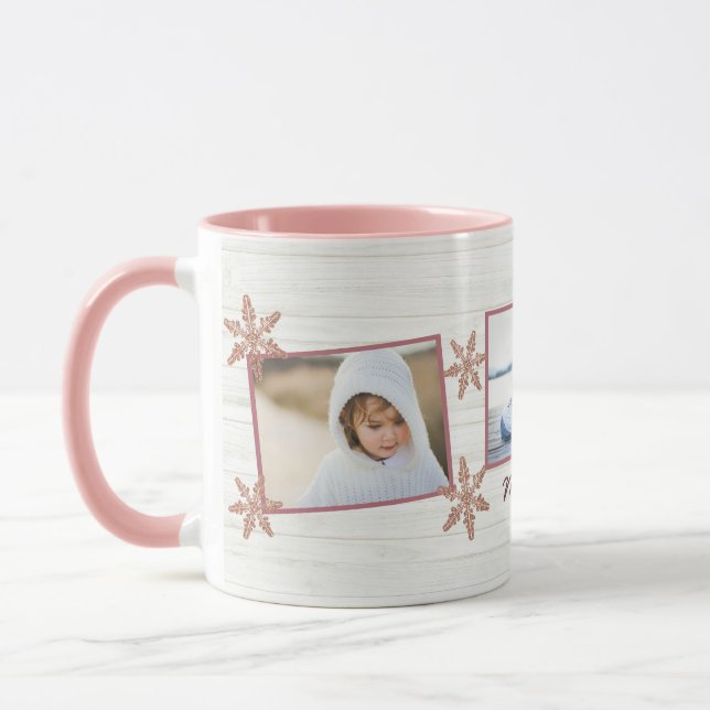 Rose Gold Snowflake Christmas Name And 3 Photo Mug (Left)
