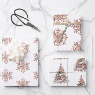 Rose Gold Snowflake Christmas Trees Wrapping Paper Sheet
