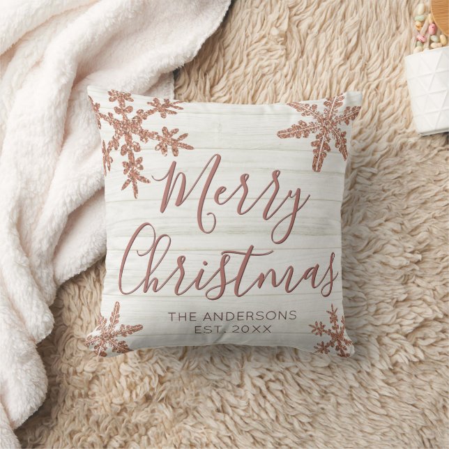 Rose Gold Snowflake Elegant Script Christmas Cushion (Blanket)