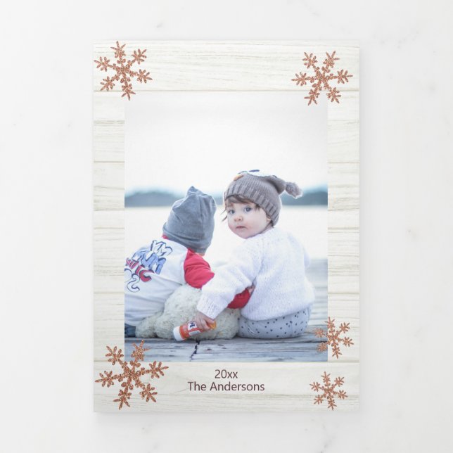 Rose Gold Snowflake Rustic Christmas 3 Photo Tri-Fold Holiday Card (Cover)