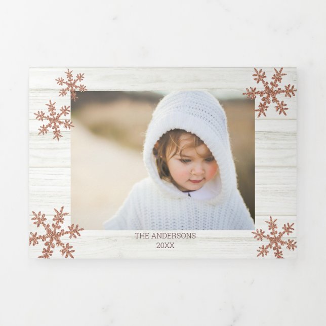 Rose Gold Snowflake Rustic Christmas 5 Photo Tri-Fold Holiday Card (Cover)