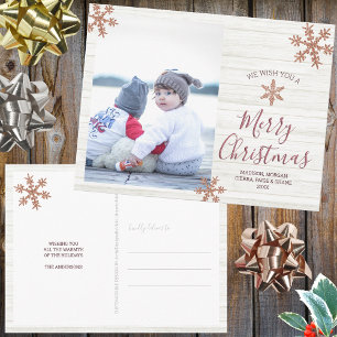 Rose Gold Snowflake Rustic Christmas Your Photo Postcard