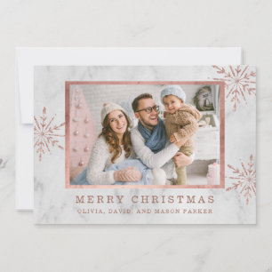 Rose Gold Snowflakes and Marble Photo Holiday Card