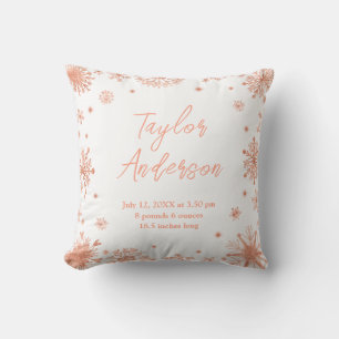 Rose Gold Snowflakes Baby Birth Statistics Cushion
