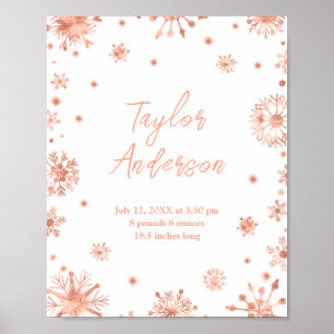 Rose Gold Snowflakes Baby Birth Statistics Poster